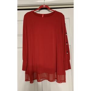 IC By Connie K Beautiful Red Tunic Top W Sheer Hem & Open Sleeves W Faux Pearls